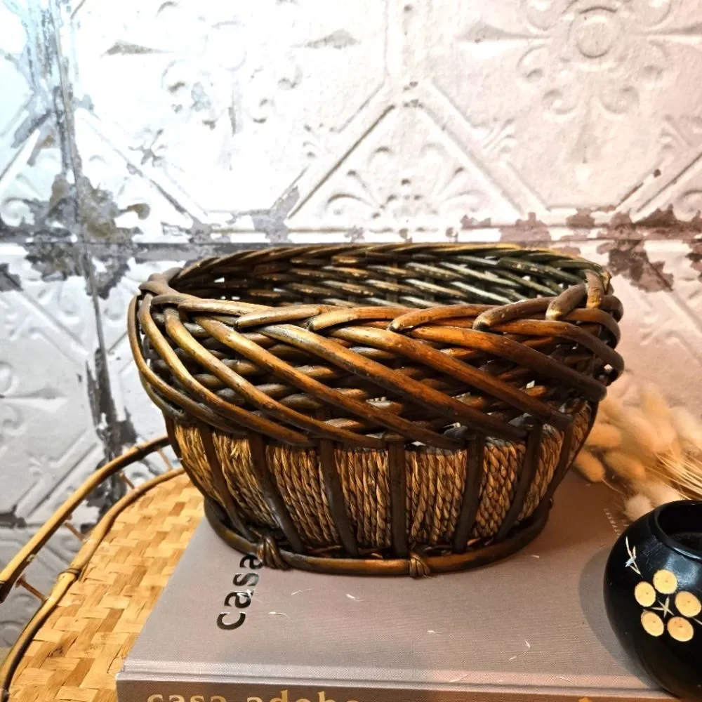 Vintage Oval Hand Woven Basket Natural Bamboo & Rope Storage Basket Rustic